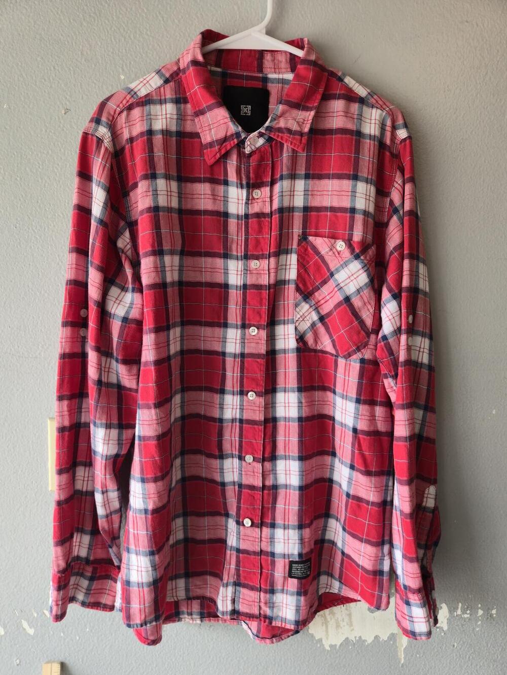 KREW SKATER STREETWEAR Men's Red Plaid Long Sleeve Button-Up Shirt XL